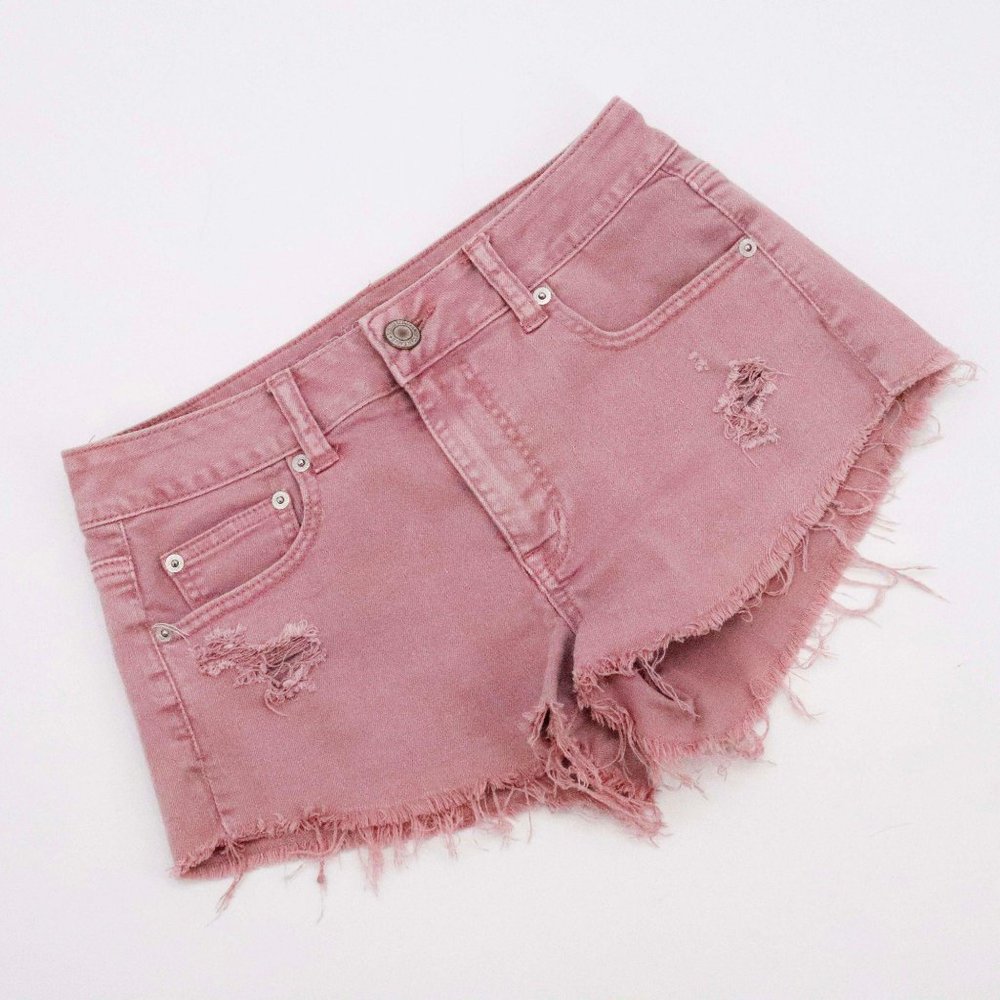 American Eagle Pink Denim Factory Distressed Short